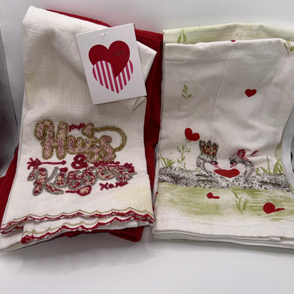 Beaded Valentine's Day Kitchen Towel Set Swans Hugs Kisses Romantic